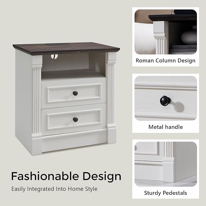 Aitjunz 26" Tall Farmhouse Nightstand, 2 Drawers End Table w/Charging Station, 23.6" Wide Large Side Table w/Roman Column, Wood Rustic Sofa Table w/Open Shelf, Bedside Table for Bedroom, White - Image 4