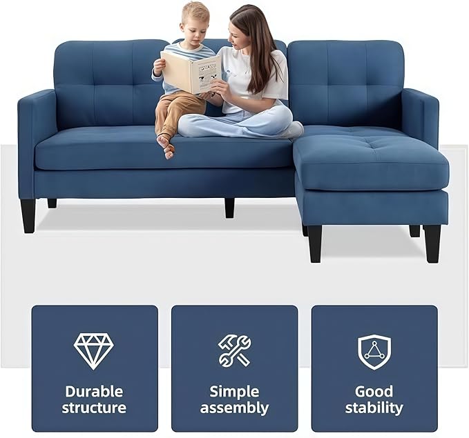 L Shaped Sectional Sofa with Movable Ottoman, Lounge Sectional Sleeper Sofa Couch for Apartment & Small Space, Small Couch for Living Room, Blue