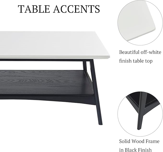 Madison Park Coffee Table with Storage Shelf, Rectangular Table for Living Room, Solid Wood Frame & Legs Accent Furniture for Living Room, Minimalist Décor - 48" W x 24" D x 17" H Off-White/Black