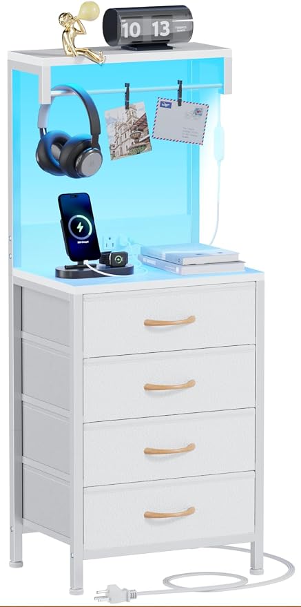 Furnulem White Nightstand, 38 inches Tall Night Stand with Charging Station and LED Lights, Bedside Table for Bedroom, Office, Hallway, 4 Fabric Drawers, Metal Frame, Wood Shelves by Furnulem