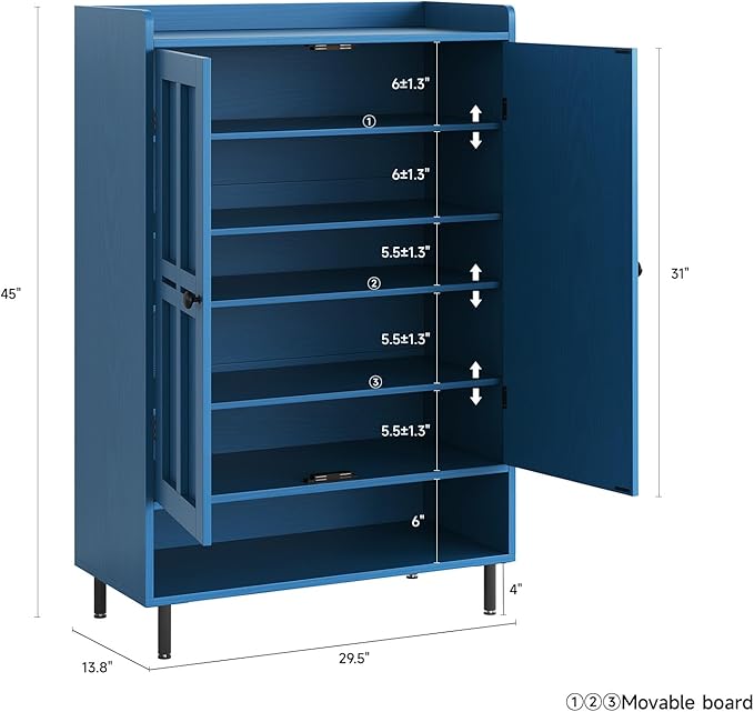 ONBRILL Shoe Cabinet with Cross Molding Doors, 6-Tier Shoe Storage Cabinet with 3 Adjustable Shelves and Metal Legs, 45'' Tall Shoes Rack Organizer Cabinet for Entryway, Front Door, Blue - Image 2