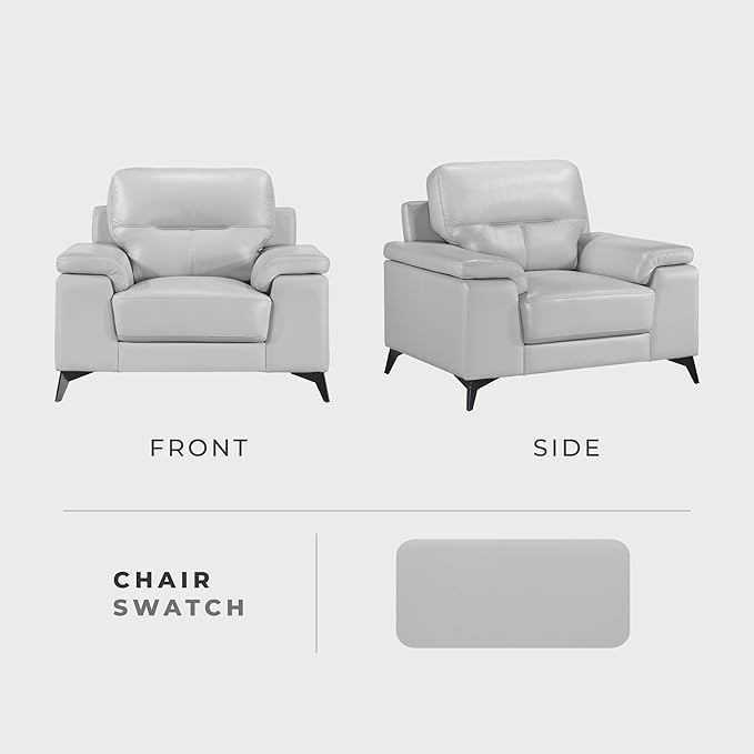 Lexicon Leather Chair, Oversized Seat, Top Grain Leather Lounge Chair, Modern Sofa Arm Chair for Living Room, Bedroom, Office, Apartment, Armchair, Silver Gray