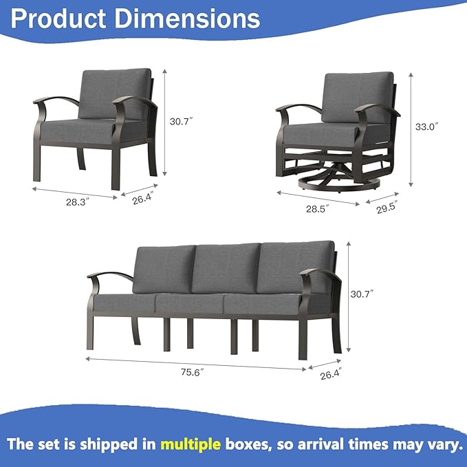 Aluminum Outdoor Patio Furniture Set,5 Pieces 7 Seats Patio Conversation Sets with 2 Swivel Rocking Chairs,Metal Patio Sectional Furniture Set with 5.1" Thickened Cushions,Grey