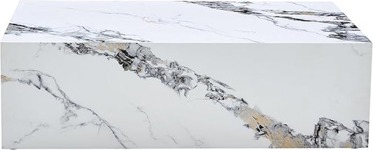 Modern Coffee Table Marble Grain,Rectangle Marble Faux Tea Table White,No Assembly