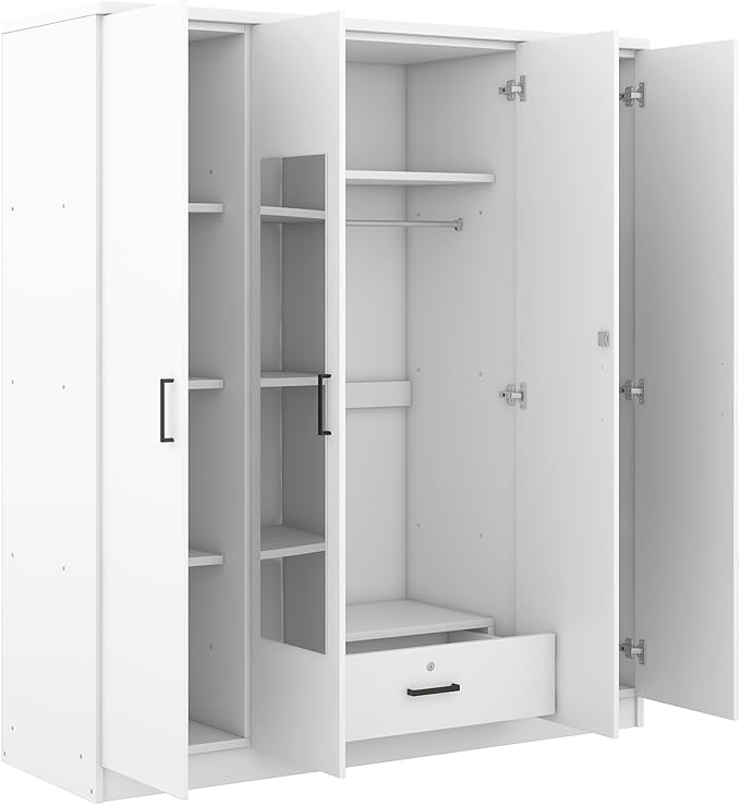 Merax 4 Doors Closet Wardrobe with Mirror Door and Hanging Rail, Wood Closet Organizers and Storage with One Drawer and Two 4-Tier Storage Shelves, Top Cabinet for Bedroom, Laundry Room, White