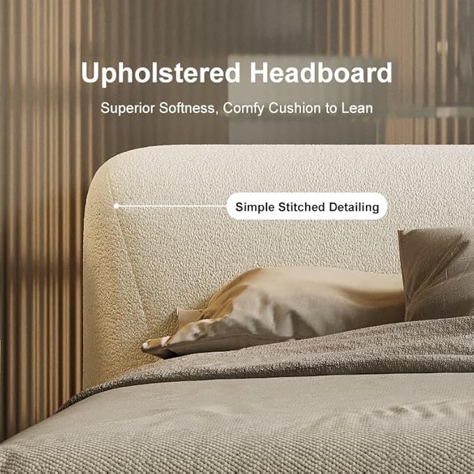 homary Queen Size Upholstered Bed with 2 Two-Drawer Nightstands – Modern Bedroom Set with Wireless Charging, USB Ports, Faux Leather & Bouclé Upholstered Bed Frame with Headboard