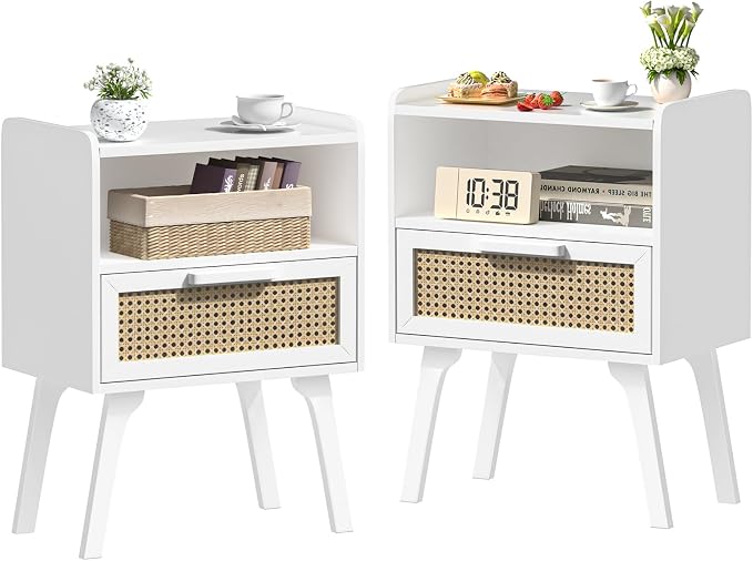 Lerliuo Rattan Nightstands Set of 2, Bedside Table with Drawer Open Shelf, Cane Accent Side End Table with Solid Wood Legs, White Mid Century Night Stand for Bedroom, Dorm and Small Spaces by Lerliuo