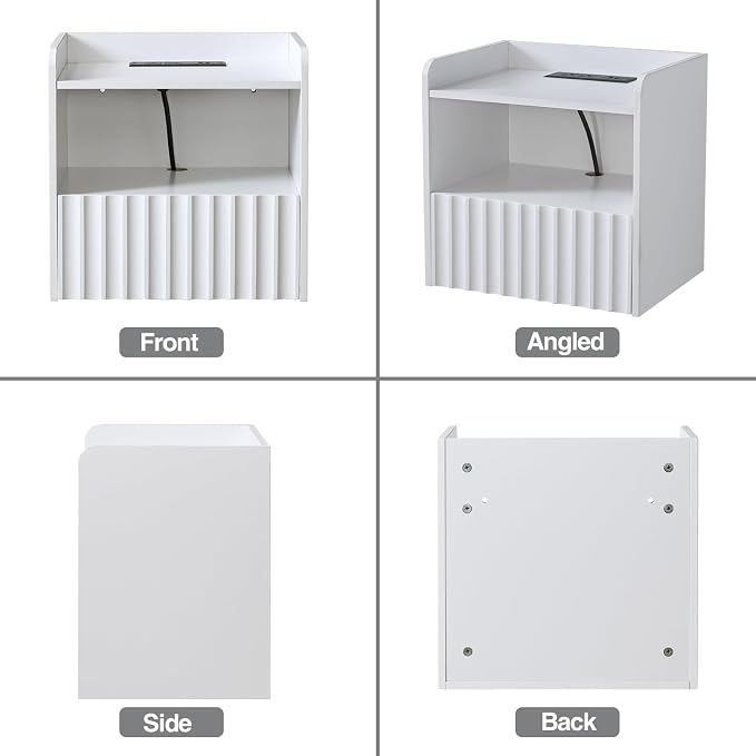 BuildHom Modern Fluted Floating Nightstand Wall Mounted Set of 2- Bedside Table with Storage Drawer & Display Shelf, Minimalist Bedroom Furniture for Studio Apartments (Matte White) - Image 8