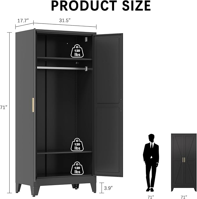 71" Tall Metal Armoire Wardrobe Closet, Clothing Storage Cabinet, Freestanding Wardrobe Cabinet with 2 Adjustable Shelves for Bedroom, Office, Garage