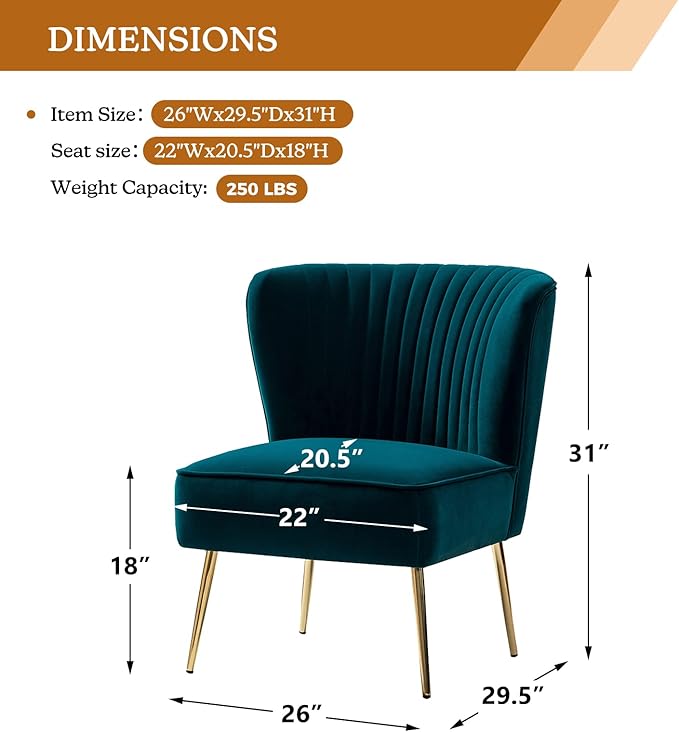 HULALA HOME Velvet Accent Chair, Modern Upholstered Cute Side Chair with Gold Metal Legs, Armless Wingback Slipper Chair Comfy Living Room Chair for Bedroom Guest Room Vanity, Teal