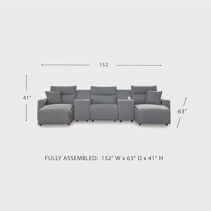 Signature Design by Ashley Modern ModMax II Stain Resistant U-Shape Symmetrical 5-Piece Power Reclining Sectional with Chaise, Storage Console and Adjustable Headrest, Gray