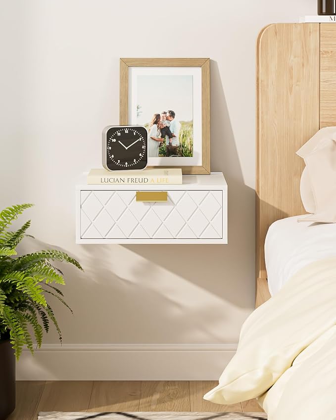 Aienvey Floating Nightstand, Floating Shelf with Drawer, Wall Mounted Nightstand, Floating Bedside Table (White Diamond) by Aienvey