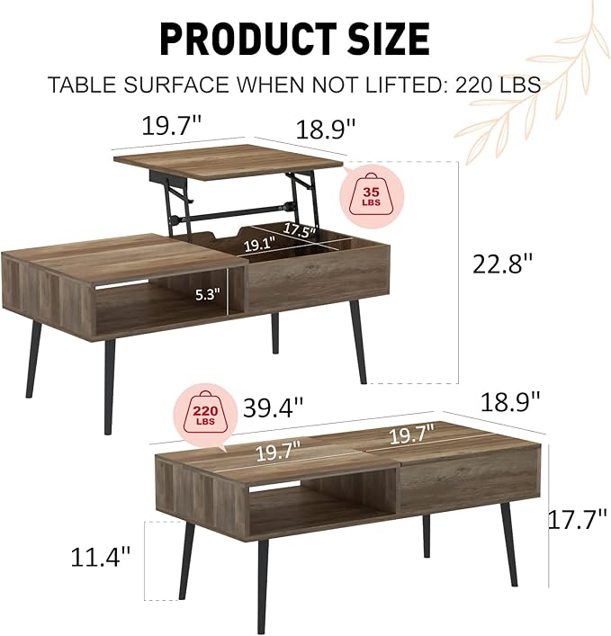 Coffee Table Lift Top Coffee Table 39", Modern Adjustable Rising Center Table with Hidden Compartment for Livingroom