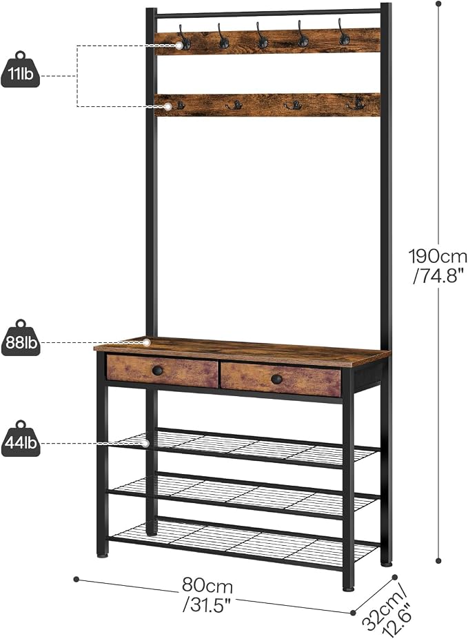 HOOBRO Hall Tree, Entryway Coat and Shoe Rack, 2 Fabric Drawers, Hall Tree with Bench, Shoe and Coat Rack, Coat Rack with Shoe Storage, 4 Tier Shoe Organizer, 9 Hooks, Rustic Brown and Black BF81MT01 - Image 4