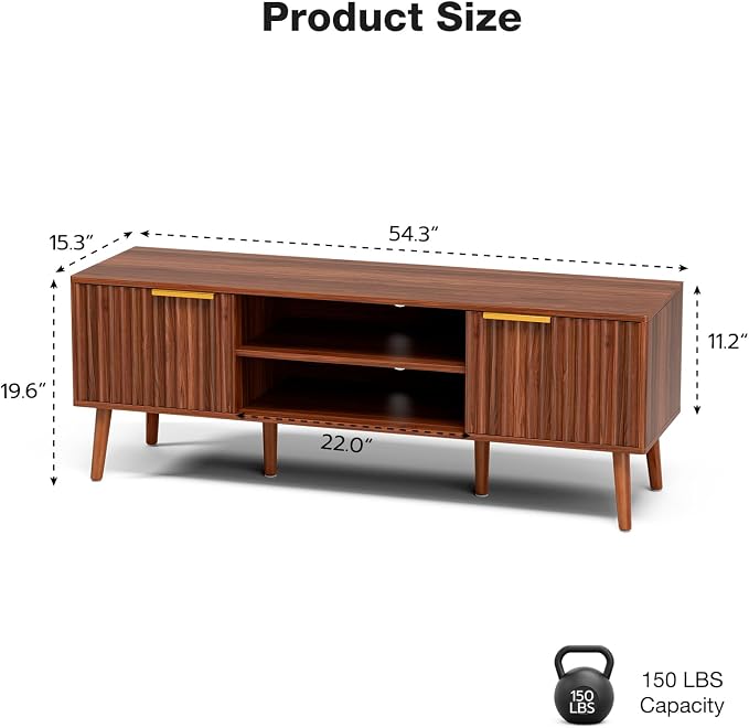 LCRBOL TV Stand for Living Room, Mid Century Modern Entertainment Center for 55/60 inch TVs, TV Console with Fluted Door Cabinets and Open Shelves, for Bedroom, Walnut - Image 2