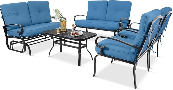 5 Pcs (6 Seats) Outdoor Patio Furniture Conversation Sets, Glider, Loveseat and Coffee Table, 2 Lounge Chairs with Cushions (Peacock Blue)
