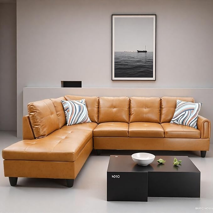 L Shape Sectional Couch with Chaise, 97 Inch Modular Sofa with Ergonomic Reclined Backrest, Sectional Couches for Living Room, High-Density Foam, for Office and Small Apartment, Ginger