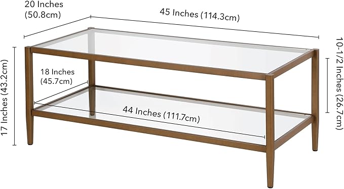 Henn&Hart 45" Wide Rectangular Coffee Table with Glass Shelf in Antique Brass, Coffee Table coffee tables for living room, studio apartment essentials
