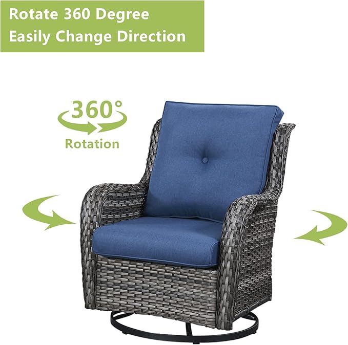 Rilyson Wicker Rocking Chair Swivel Chairs – 6 Piece Rocker Patio Furniture Set Rattan Rocking Bistro Sets with Glass Top Side Table for Outdoor Porch Deck Garden Backyard(Mixed Grey/Blue)