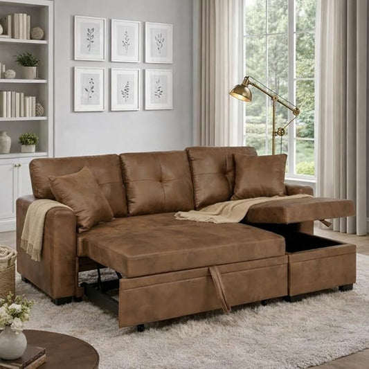 Sectional Sleeper Sofa with Pull Out Bed, L Shape Convertible Sofa Bed Couch with Storage Chaise, 3 in 1 Pull Out Sofa Bed with 3 Seats, for Living Room,Apartment, PU Brown, 76 Inch