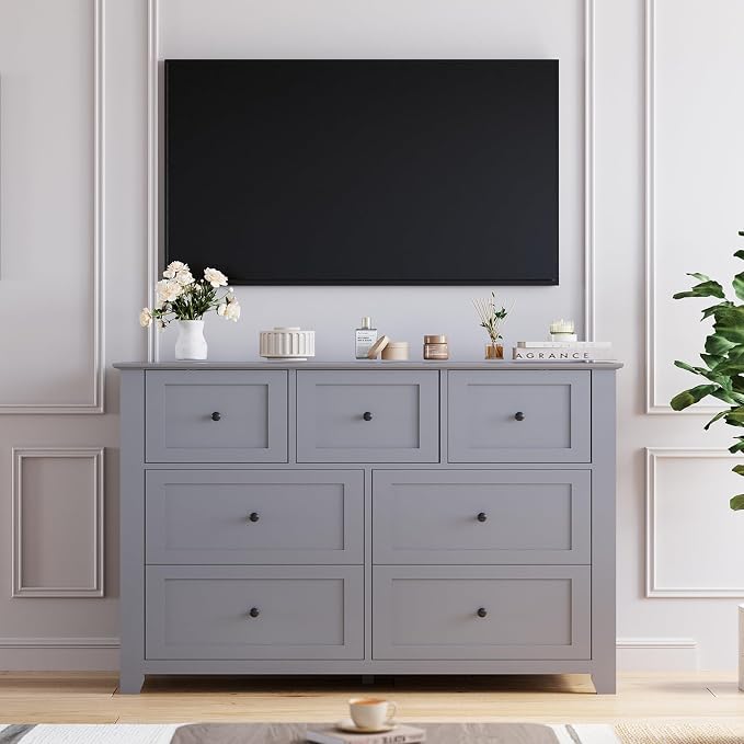 GarveeHome Grey 7 Drawer Dresser for Bedroom, Simply Modern Chest of Drawers, Wood Storage Double Dresser with Deep Drawers for Living Room, Hallway Entryway - Image 4