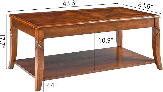 MODERION Solid Wood Coffee Table with Storage Shelf, Mid-Century Living Room Table with Wood Carved Tabletop and Leg, 43.3” Splicing Cocktail Center Table,Easy Assembly, Cherry Brown KFZ-DR200