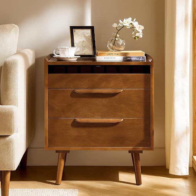HULALA HOME 2 Drawer End Table with Pull-Out Shelf, Mid-Century Modern End Table with Wood Legs, Wood Side Table with Charging Station(Acorn) by HULALAHOME