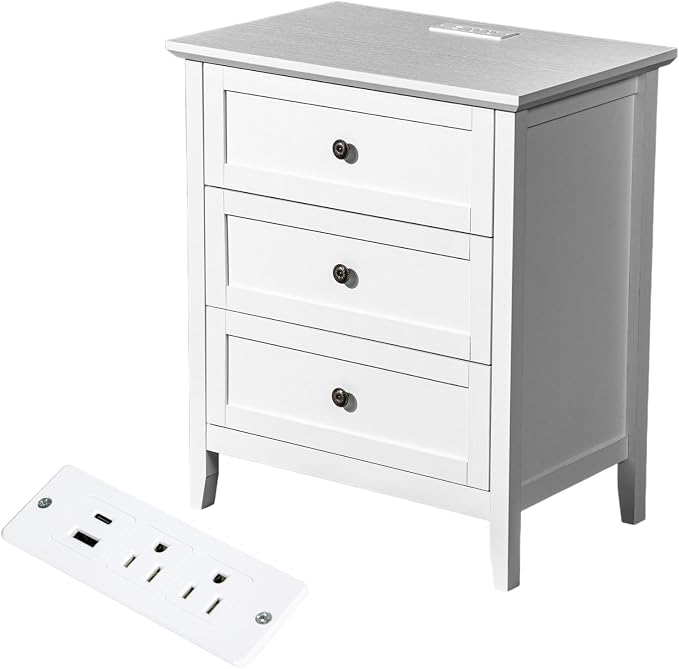 Karl home Farmhouse Nightstand with Charging Station, Wide End Table with 3 Large Drawers & Mental Handles, Wood Small Side Table of Drawers for Bedroom, Closet, White by Karlhome