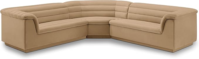 Meridian Furniture 194Camel-Sectional Cascade Collection Modern | Contemporary Modular Sectional with Soft Camel Velvet Fabric, Deep Channel Tufting, Curved Arms, 148" W x 80" D x 28" H, Camel
