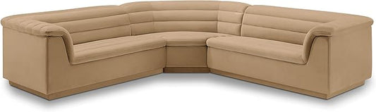 Meridian Furniture 194Camel-Sectional Cascade Collection Modern | Contemporary Modular Sectional with Soft Camel Velvet Fabric, Deep Channel Tufting, Curved Arms, 148" W x 80" D x 28" H, Camel