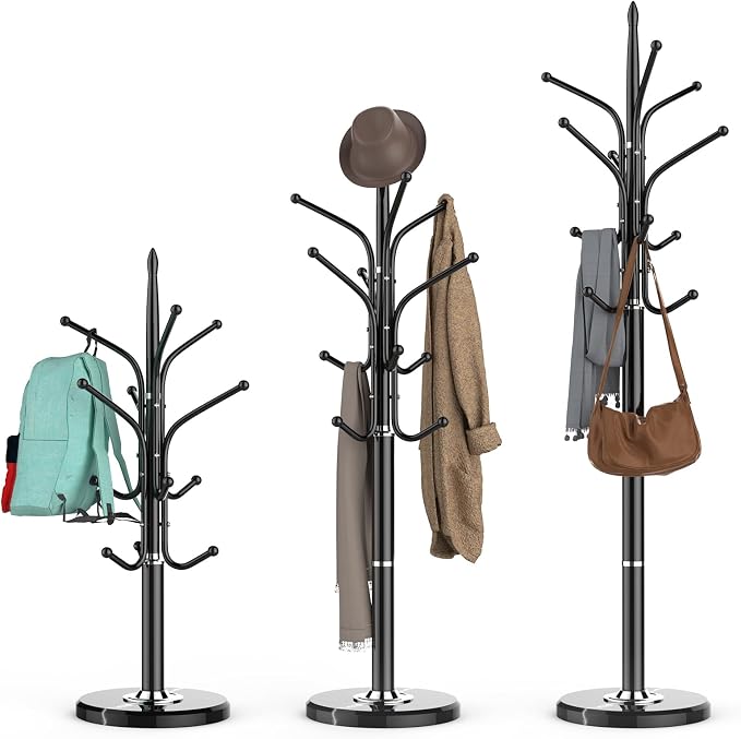 HzTinT Heavy Duty Coat Rack with Marble Base, Freestanding Hall Coat Tree with 12 Hooks and 3 Adjustable Sizes, Metal Coat Rack Stand for Entryway, Bedroom, Office Hanging Purses, Coats, Scarves, Hats by HzTinT