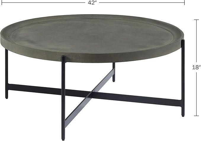 Alaterre Furniture Brookline 42-Inch Round Concrete-Coated Wood Coffee Table with Tray Top and Black Iron Legs – Industrial Farmhouse Living Room Accent Table with X-Frame Base