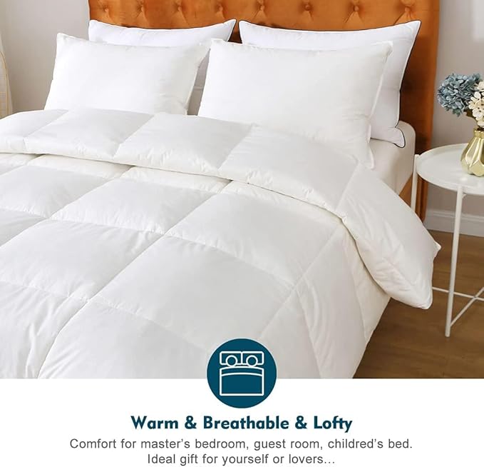 Feathers Down Comforter King - Organic Cotton Quilted Medium Warm All Seasons Duvet Insert or Stand-Alone Comforter (106x90, Ivory White)