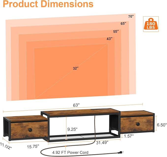 Snughome 63" Floating TV Stand with Power Outlets, Wall Mounted Entertainment Center with LED Lights, Floating TV Shelf with Drawer, Media Console Shelf for Living Room,for Under TV Storage, Bedroom - Image 2