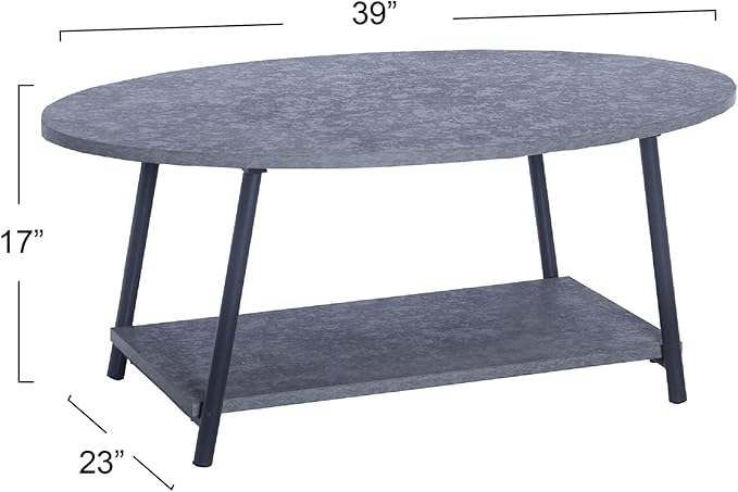 Household Essentials Jamestown Oval Coffee Table with Storage Shelf Rustic Slate Concrete and Black Metal