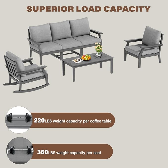 HDPE Patio Conversation Set, 6-Piece All Weather Outdoor Furniture Set with 1 Single Rocking Armchairs for Deck, Lawn, with Cushion, Gray
