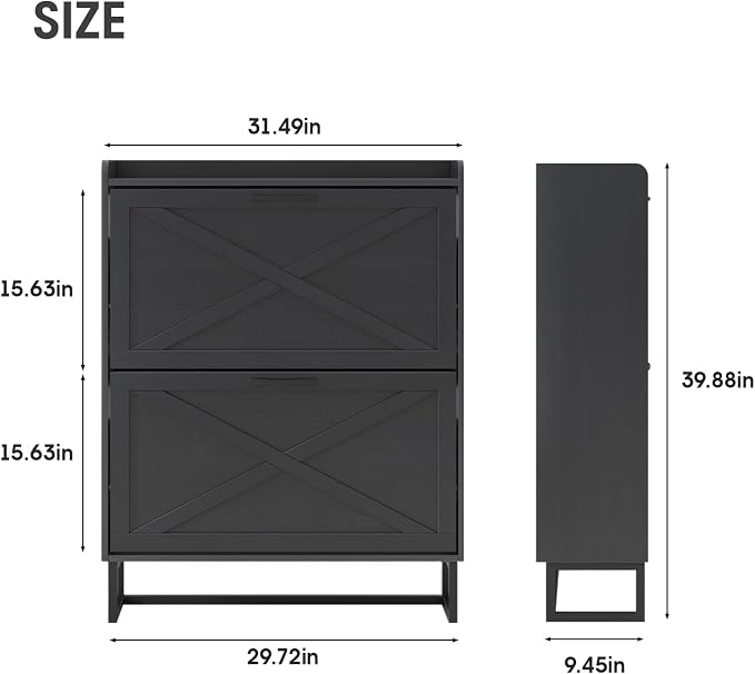 Maupvit Shoe Storage Cabinet with 2 Flip Drawers, Freestanding Organizer with Metal Legs for Entryway, Narrow Shoe Rack Cabinet, Black - Image 2
