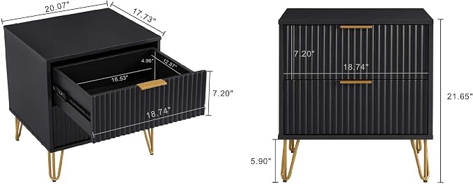 Manhattan Comfort Dumbo Modern Nightstand 2.0 with 2 Metal Feet | Splayed Gold Legs | Vertical Ribbed Design | No Tool Assembly Storage for Bedroom, Set of 2, Black - Image 3