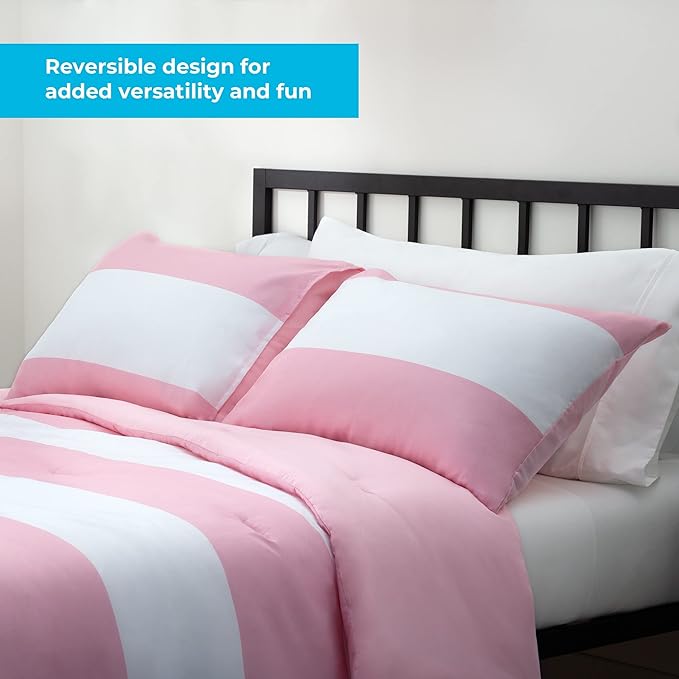 LINENSPA All Season Hypoallergenic Down Alternative Microfiber Comforter, Oversized Queen, Pink/White
