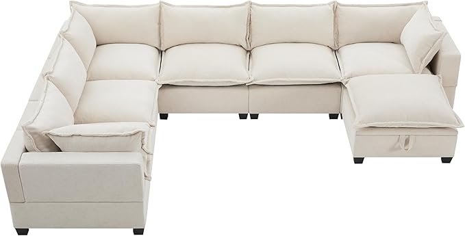 Merax Modern U-Shaped Modular Couch Set with Storage Ottoman, Chenille 7-Seat Sectional Sofa Sleeper Bed with Wide Seat for Living Room, Free Combination,Off White