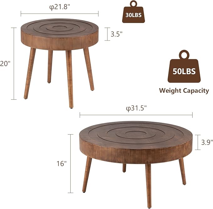 COSIEST Round Coffee Table Set of 2, Nesting Tables with Circle Pattern, Modern End Table for Living Room, Farmhouse, Brown