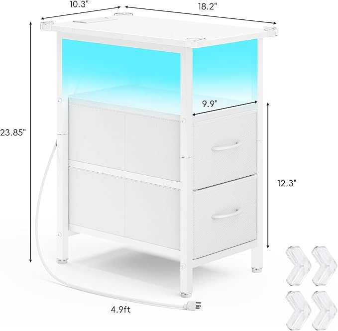 Vagusicc White Nightstand with Charging Station and LED Lights, Narrow Side Table, LED Night Stand with 2 Fabric Drawers, Bedside Table with USB Ports and Outlets, Tall Nightstand for Bedroom, White - Image 3