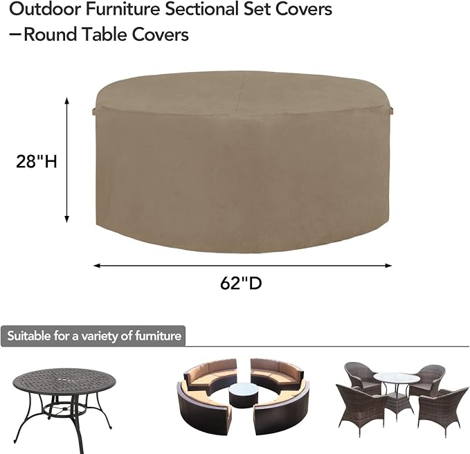 Easy-Going 600D Heavy Duty Round Patio Furniture Cover, Outdoor Table and Chair Set Cover, Waterproof Outdoor Sectional Furniture Set Cover (62" DIAx 28" H, Camel) - Image 2