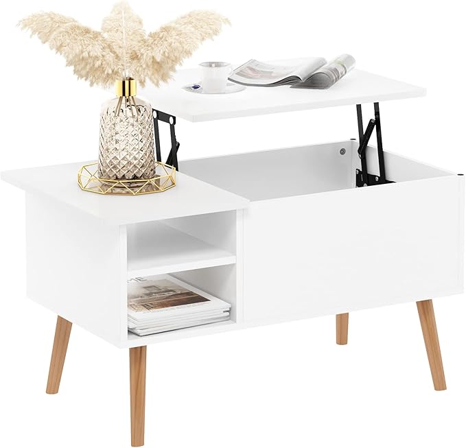 Furinno Jensen Wooden Leg Lift Top Coffee Table with Hidden Compartment and Side Open Storage Shelf for Living Room, Solid White