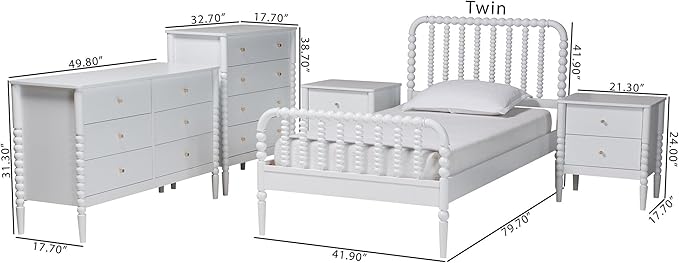 Baxton Studio Lucera Bobbin Wood Bedroom Set, 5-Piece, Twin, White