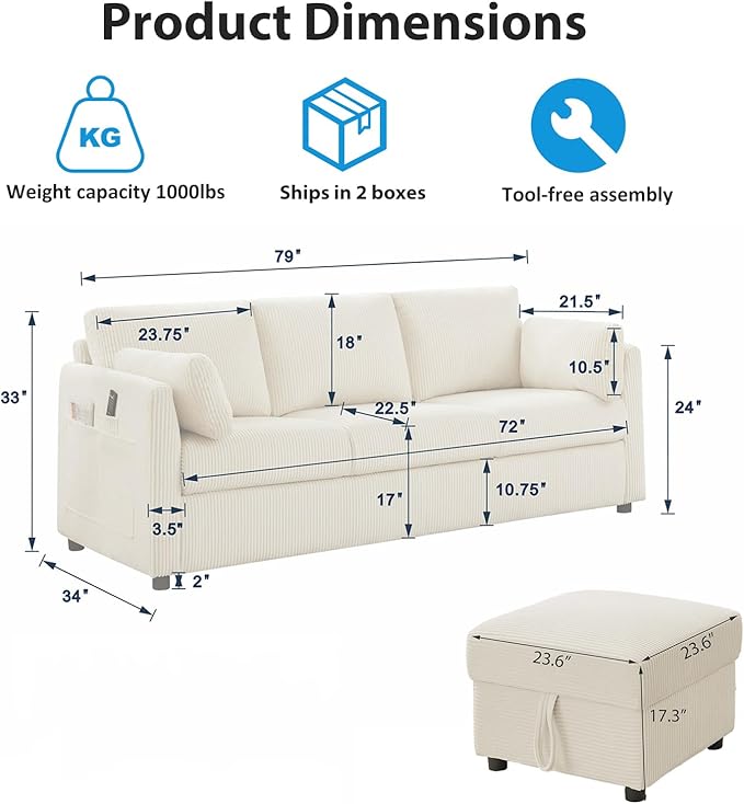 79" L Shaped Couch with Storage Ottoman, 3 Seater Corduroy Sofa with 2 Pillows and Storage Pockets, Small Modern Couches for Living Room, Apartment, Small Spaces, Home Office, Cream White