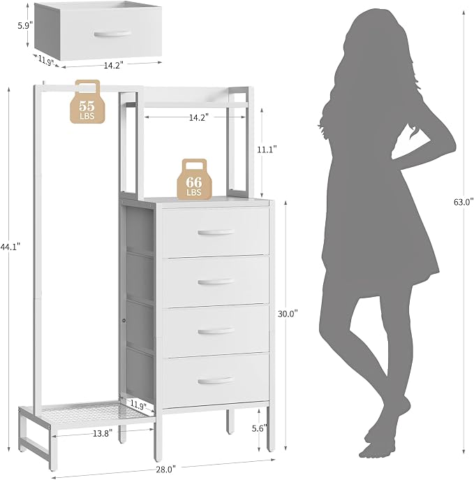 Yoobure White Dresser with Hanging Rack - Small Dresser for Bedroom with 4 Drawers, 44'H Chest of Drawers, Reversible Kids Dressers with Storage Shelf, Closet Dressers with Clothes Rack, Sturdy Frame - Image 2