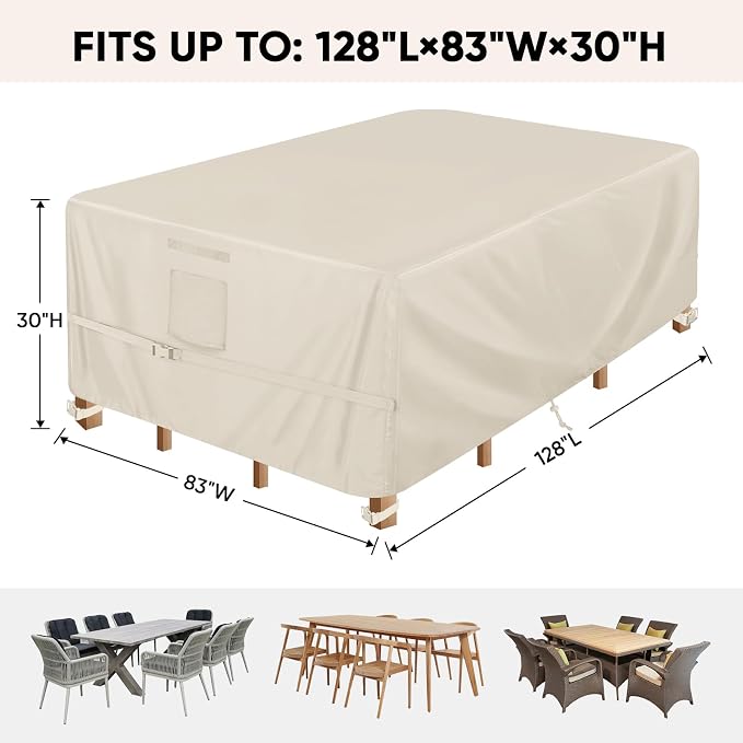 BALEINE Patio Furniture Covers, Outdoor Furniture Covers Waterproof, Heavy Duty Oxford Patio Table Cover for Outdoor Table, Chair, Sofa, Desk (Beige 128"L×83"W×30"H) - Image 2