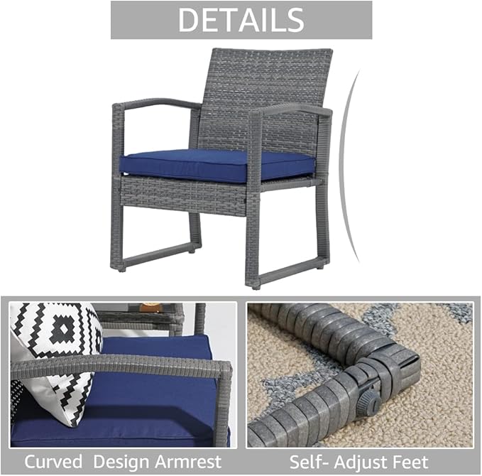 Patiorama 3 Pieces Outdoor Patio Furniture Set, Outdoor Wicker Conversation Set, Patio Rattan Chair Set, Modern Bistro Set with Coffee Table, Garden Balcony Backyard Poolside (Navy Blue)