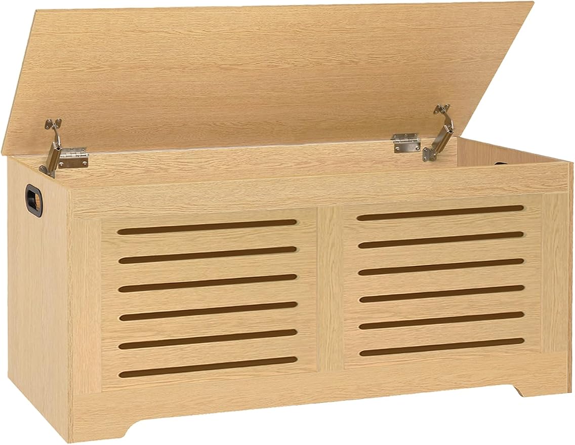 DINZI LVJ Storage Chest, 43.3”Wooden Storage Box with 2 Safety Hinges, Entryway Shoe Bench with Flip-Top, Farmhouse Style Trunk for Living Room, Bedroom, Play Room, Easy Assembly, Natural by DINZILVJ